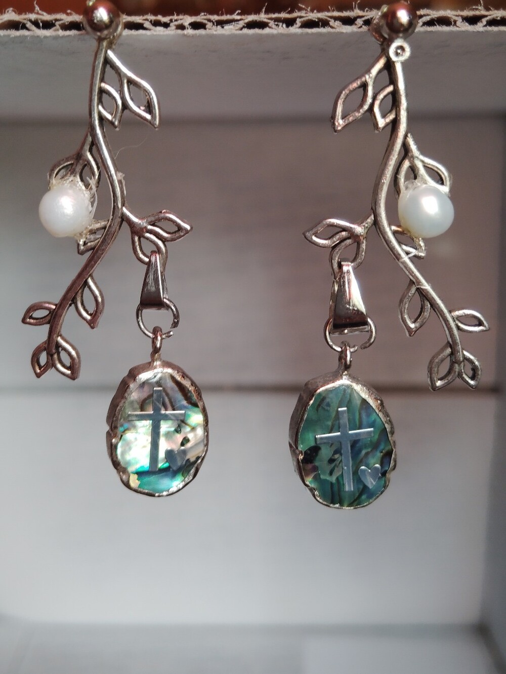 Handmade Silver Leaf Drop Earrings with Pearl and Abalone Cross Accents